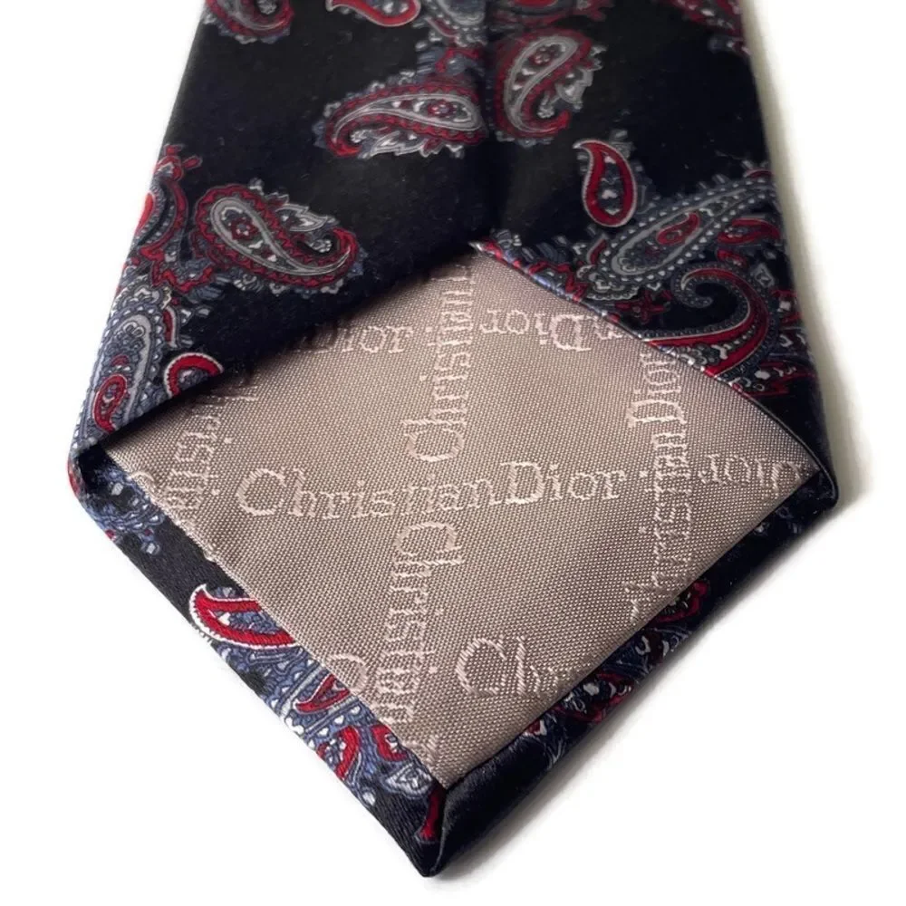 Vtg. Christian Dior Black Red Silk Paisley Tie
